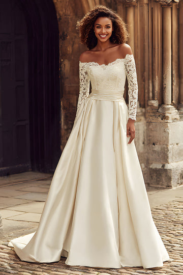 A-Line Off the Shoulder Ivory Lace Appliqued Sweep Train Wedding Dress